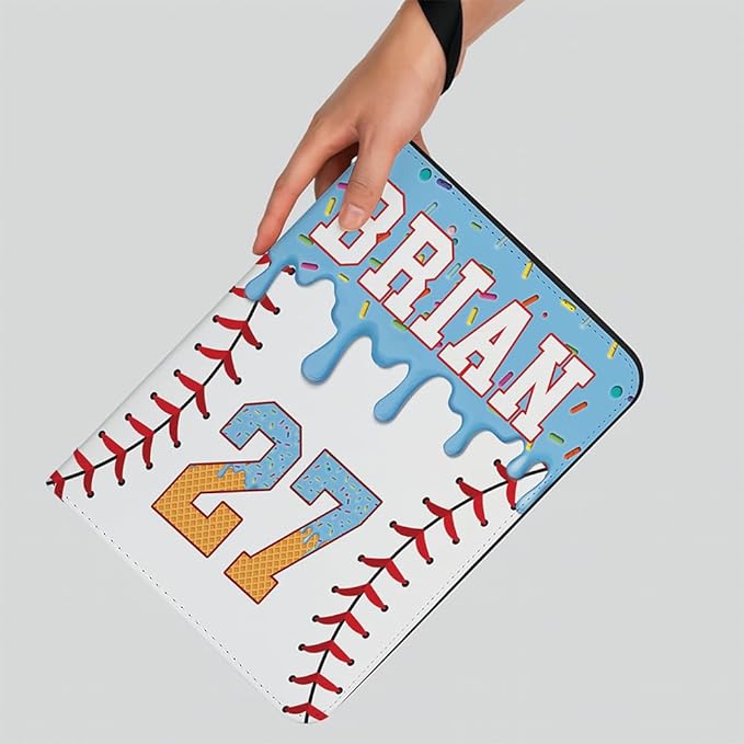 Personalized Ice Cream Drip Baseball Card Binder with Name & Number – Zipper Trading Card Album with Handle – Collector Case for Players & Fans (Ice Cream Drip Art #1)