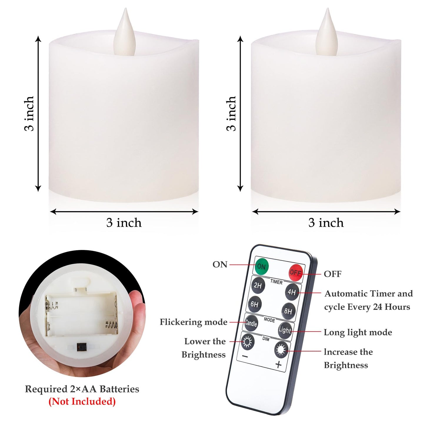Woocodowe Flickering Flameless Candles Battery Operated with Remote Timer - Realistic 3D Moving Flame Candles, 600+ Hours Long-Lasting White LED Wax Candles for Wedding Home Decor, 3x3 Inch Set of 2