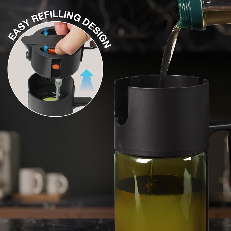 2-IN-1 500ml/17oz Light-Blocking Dark Oil Sprayer for Cooking with Sticker, Dark Green Glass Olive Oil Dispenser Bottle for Kitchen, Even Spray with Portion Control, Perfect for Air Fryer, BBQ - Black