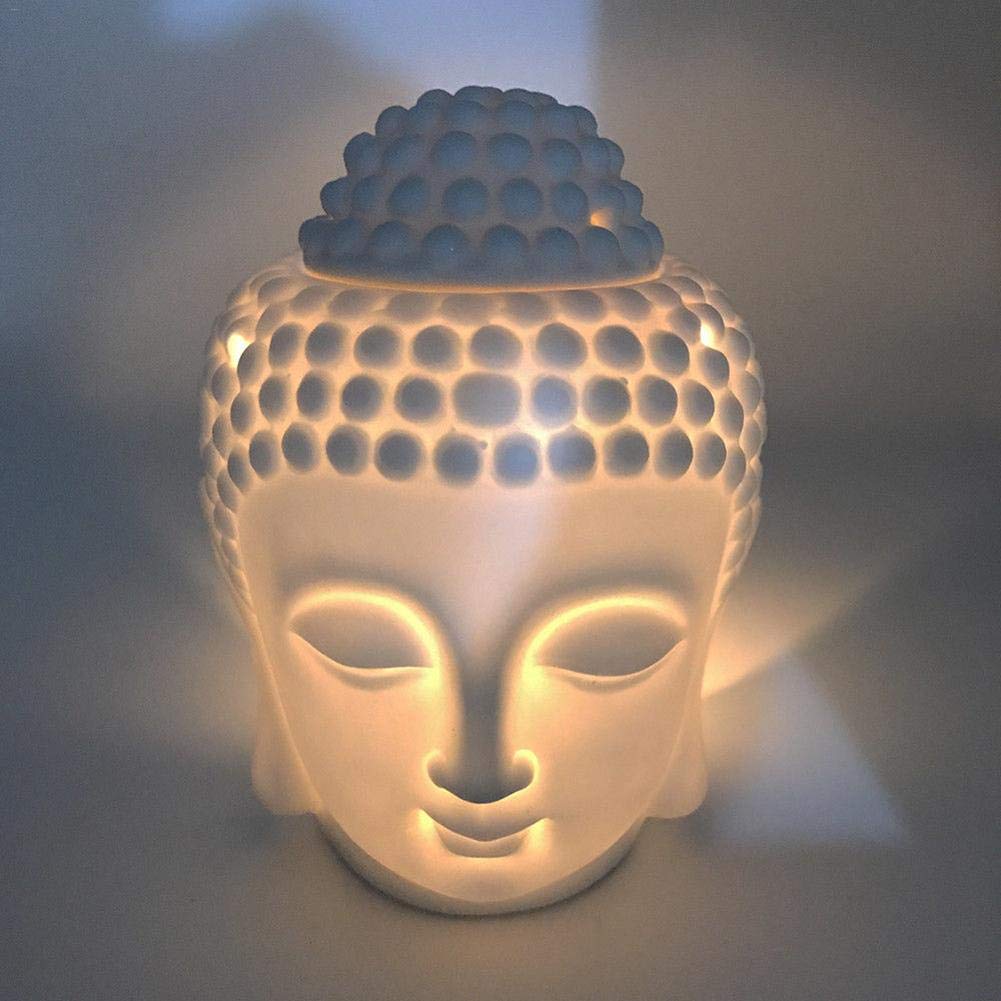 Tvoip 1PCS Ceramic Buddha Head Essential Oil Burner with Candle Spoon, Aromatherapy Wax Melt Burners Oil Diffuser Tealight Candle Holders Buddha Ornament for Yoga Spa Home Bedroom Decor Gift (White)