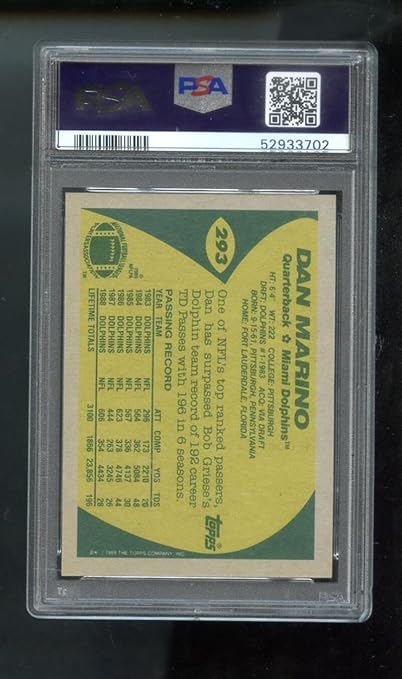 1989 Topps #293 Dan Marino PSA 9 Graded Football Card NFL Miami Dolphins MINT