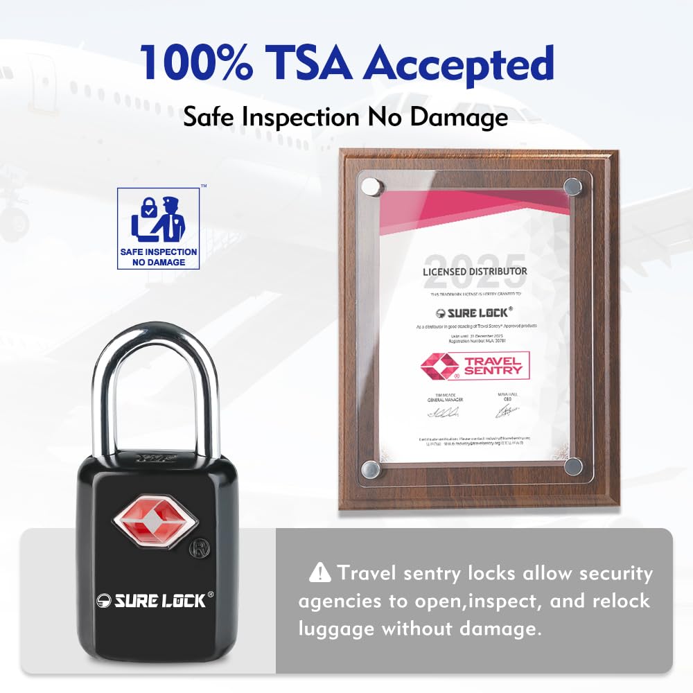 SURE LOCK TSA Approved Luggage Locks - One Key Opens All, Compact & Durable Zinc Alloy Travel Lock with Steel Shackle, Keyed Alike (Black 2 Locks, Mini Size for Suitcase/Backpack/Gym Locker)