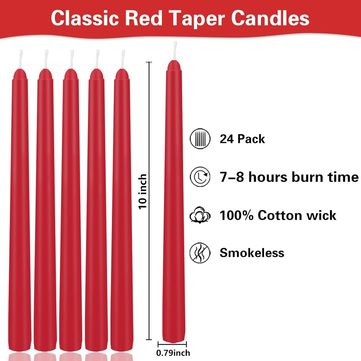 YOROXRG 24 Pack Red Taper Candles, 7-8 Hours Burn Time, Unscented, Smokeless and Dripless, 0.75 x 10 Inch Dinner Candle Set for Christmas,Household, Wedding, Party and Home Décor Candlesticks
