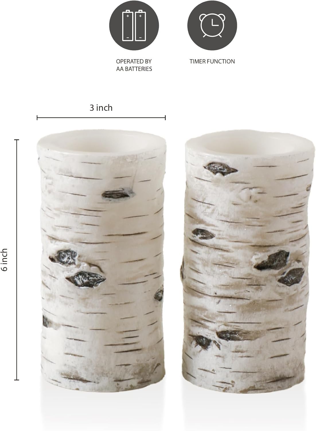 LusLog-pro Flameless Candles Birch Bark Effect 3" x 6" Real Wax LED Pillar Candles, Battery Operated Flickering Candles with 5H Timer, Pack of 2