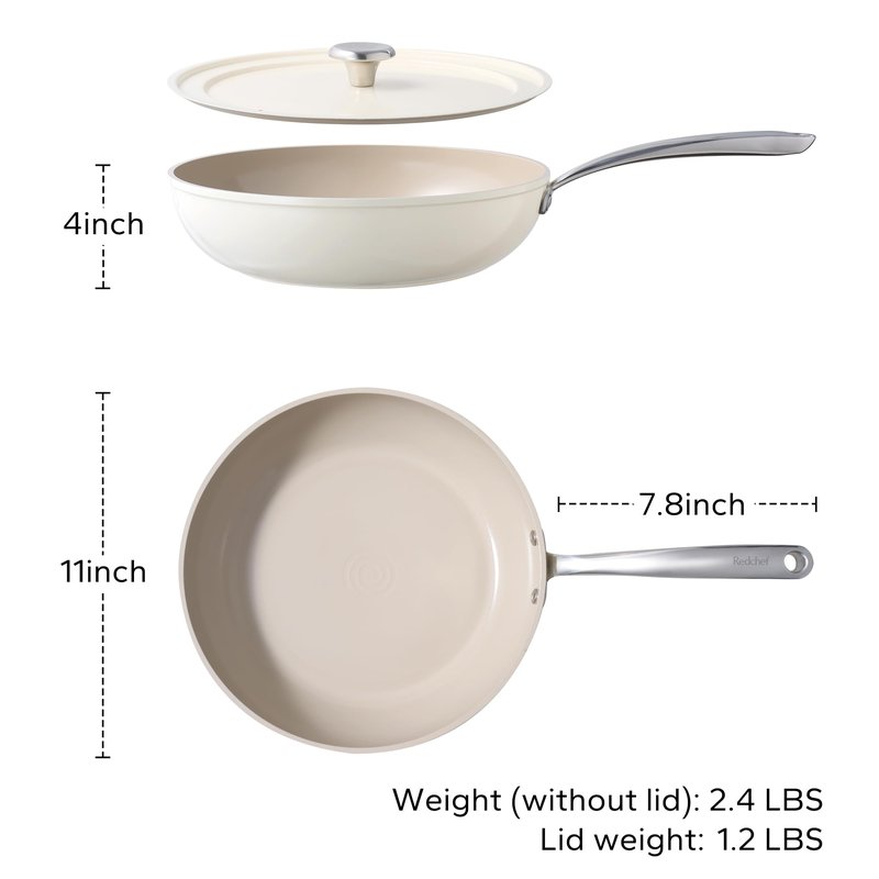 Redchef Ceramic Frying Pan with Lid, 11" Deep Saute Pan, 3.5QT Large Jumbo Cooker, Frying Pan Nonstick with Stay Cool Handle, Non Toxic Cooking Pan, Induction Dishwasher Safe, PFOA & PFAS Free(Beige)