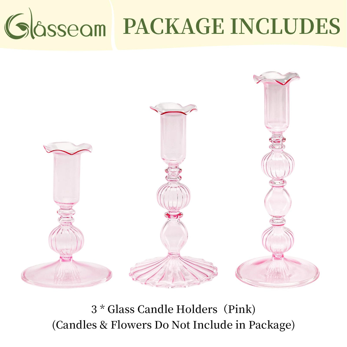 Glasseam Tapered Candlestick Holders Pink: Set of 3 Glass Candle Sticks Holder Decor with Bobeche Modern Ribbed Taper Candle Holders for Table Centerpiece Valentines Wedding Home Decorations