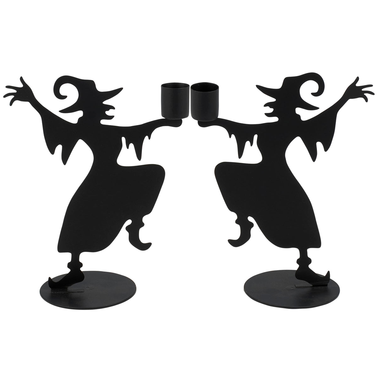 Primitives by Kathy Decorative Candle Holder Set, from Our Halloween Collection, Feature Matching Metal Cutout Designs of Dancing Witches in Matte Black with Holder on Their Hand