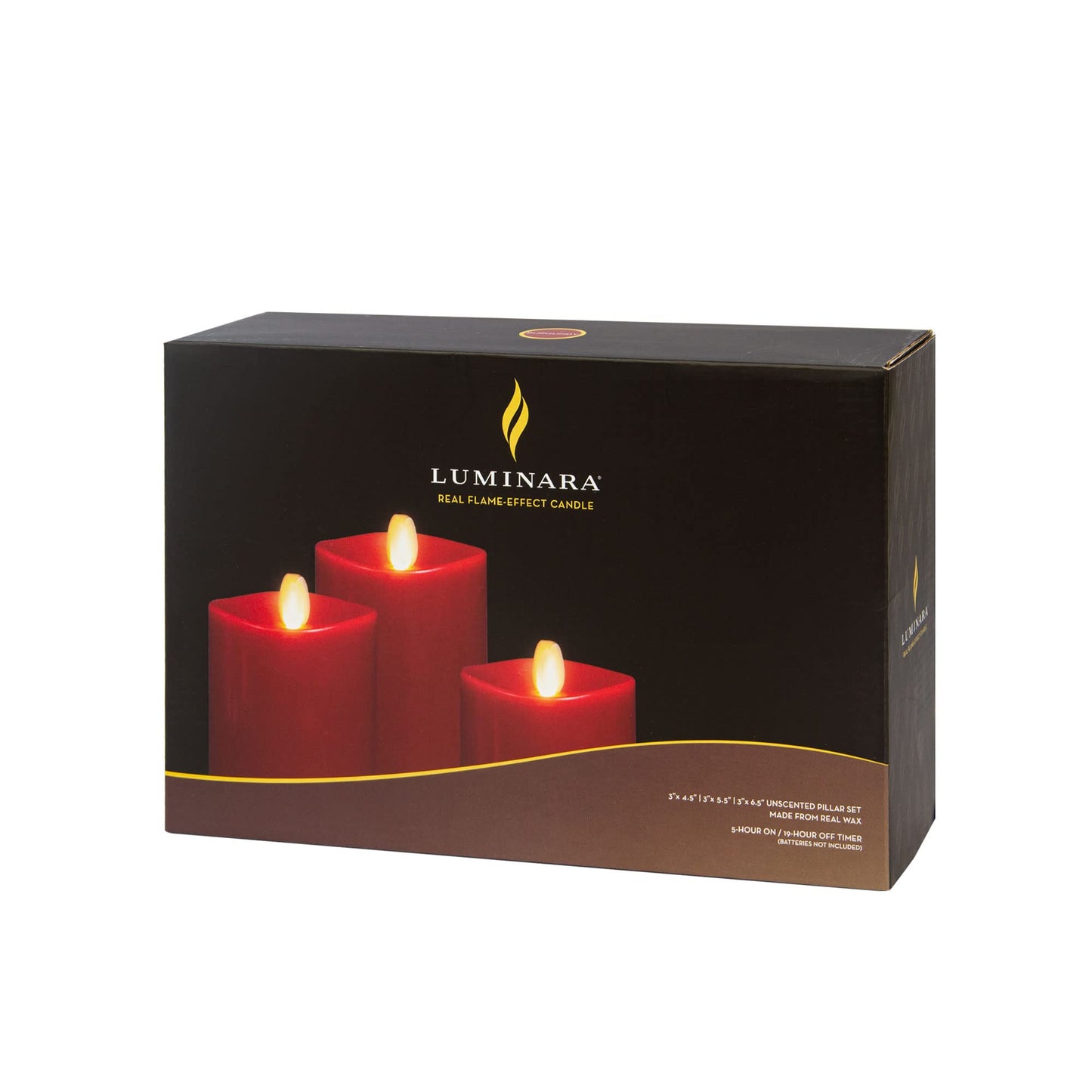 Luminara Flameless Flickering Melted Edge Set of 3 Candles, Battery Operated & Timer Function, Remote Included, Unscented Paraffin Burgundy Wax LED Light Pillar, Christmas Holiday Décor