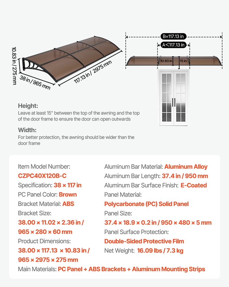 VEVOR Awnings for Door Entrance, 38" x 117" Window Door Awning Canopy Exterior with Drainage & ABS Bracket, Polycarbonate Cover Patio Door Awnings for Sun, UV, Rain, Snow Protection(Brown)