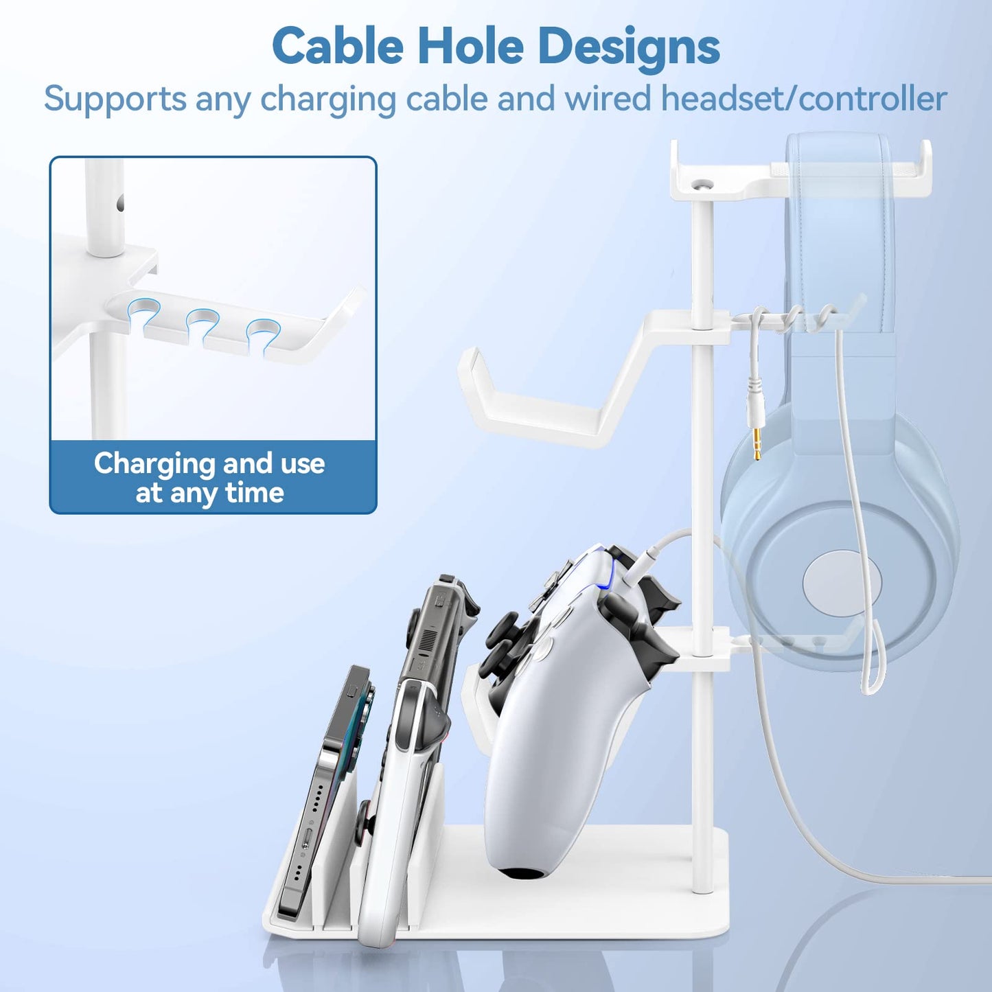 KDD Headphone Stand, Controller Holder & Headset Holder for Desk, Earphone Stand with Aluminum Supporting Bar, Universal Storage Organizer Headphones/Controller/Switch/Mobile Phone(White)