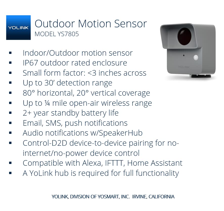 YoLink LoRa Smart Outdoor Motion Detector Sensor, Driveway Alert, Property Invasion/Tresspassing Detector, 1/4 Mile Open Air Range, Email/SMS/Push Alerts, Alexa, IFTTT, Home Assistant (Hub Required)