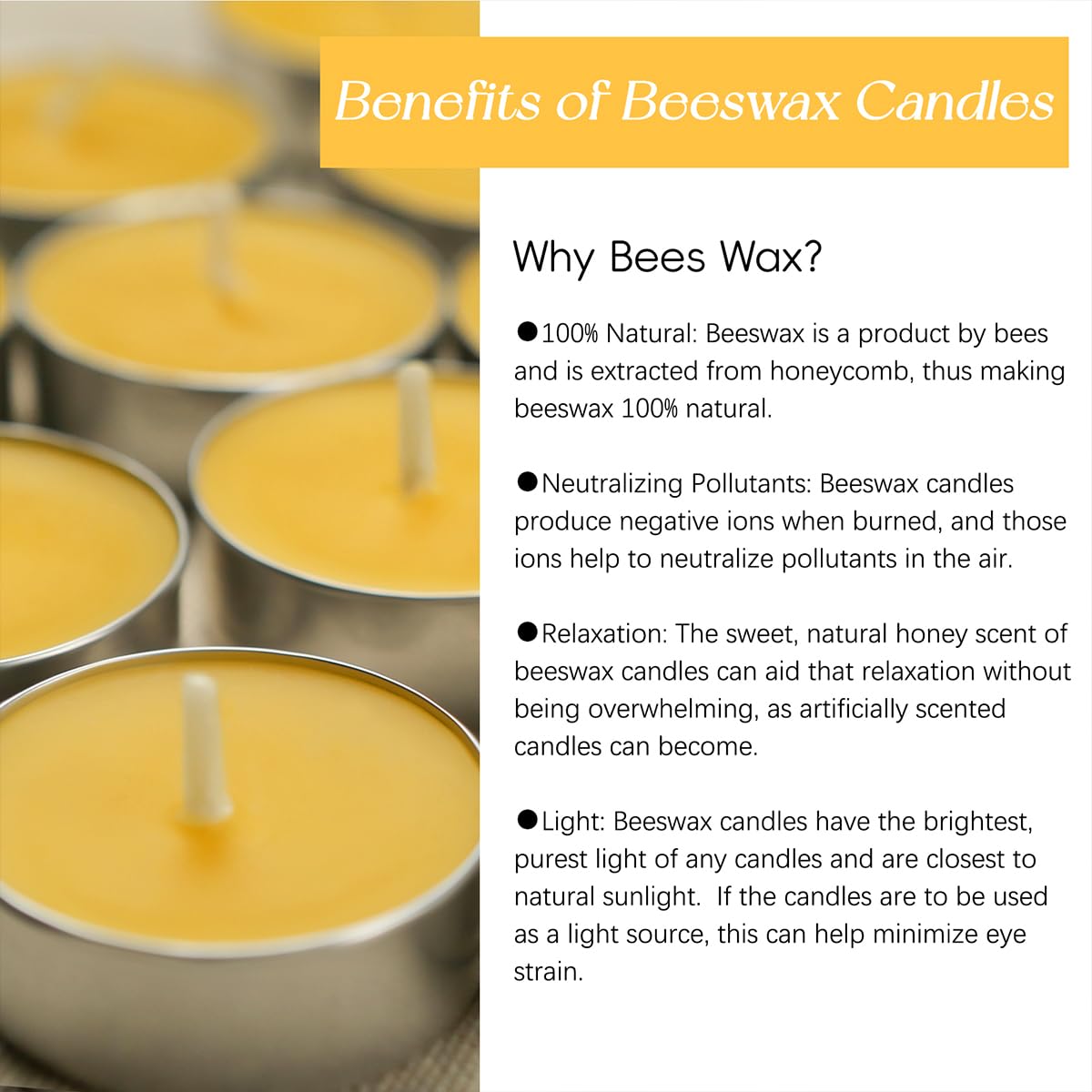 48 Packs Beeswax Tealight Candles, Natural Beeswax Tea Light Candles in Aluminum Cup, 4 Hours Burn Time, Organic Tea Candle for Home Decor, Air Purification, Emergency