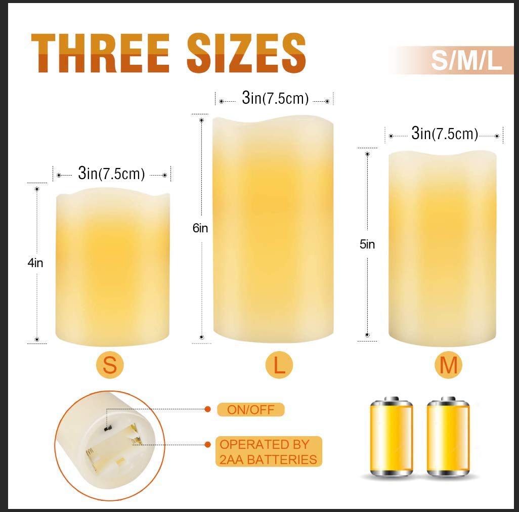 Flameless Flickering LED Battery Candles :Set of 3 Ivory Real Wax Pillar Operated Fake Faux Lights with Remote Control and Timer Function Flicker Candle for Decoration Christmas Votive Garden Outdoor