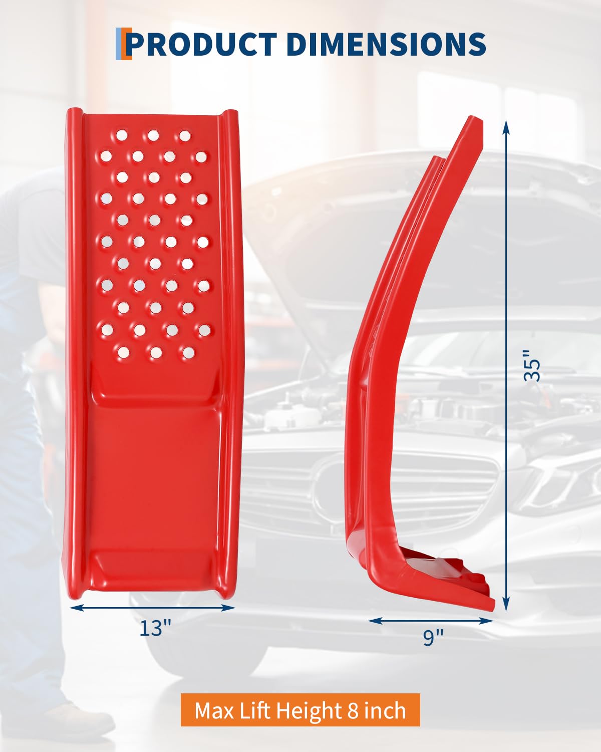 Heavy Duty Low Profile Car Ramps 8" Lift (2 Pack) - 8000LB Capacity Solid Steel Auto Ramps for Trucks, SUVs - Ideal for Oil Changes, Tire Rotation & Maintenance - 4000LB Per Ramp, Red