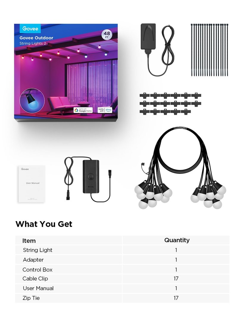 Govee Smart Outdoor String Lights 2, 48ft Outdoor Lights with Dimmable Warm White LED Bulbs, 47 Scene Modes for Patio, Backyard, Balcony, IP65 Waterproof, Works with Alexa, App Control