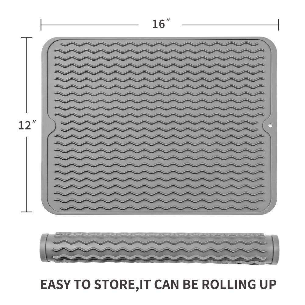 MicoYang Silicone Dish Drying Mat for Multiple Usage,Easy clean,Eco-friendly,Heat-resistant Silicone Mat for Kitchen Counter or Sink,Refrigerator or drawer liner Grey L 16 inches x 12 inches