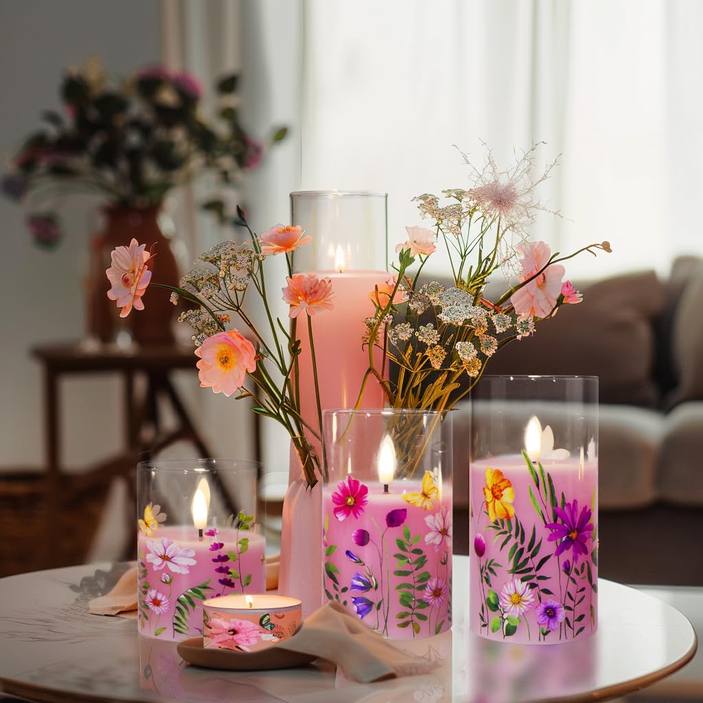 Eywamage Pink Floral Glass Flameless Candles with Remote, Flickering Spring LED Pillar Candles Battery Operated Home Decor Set of 3