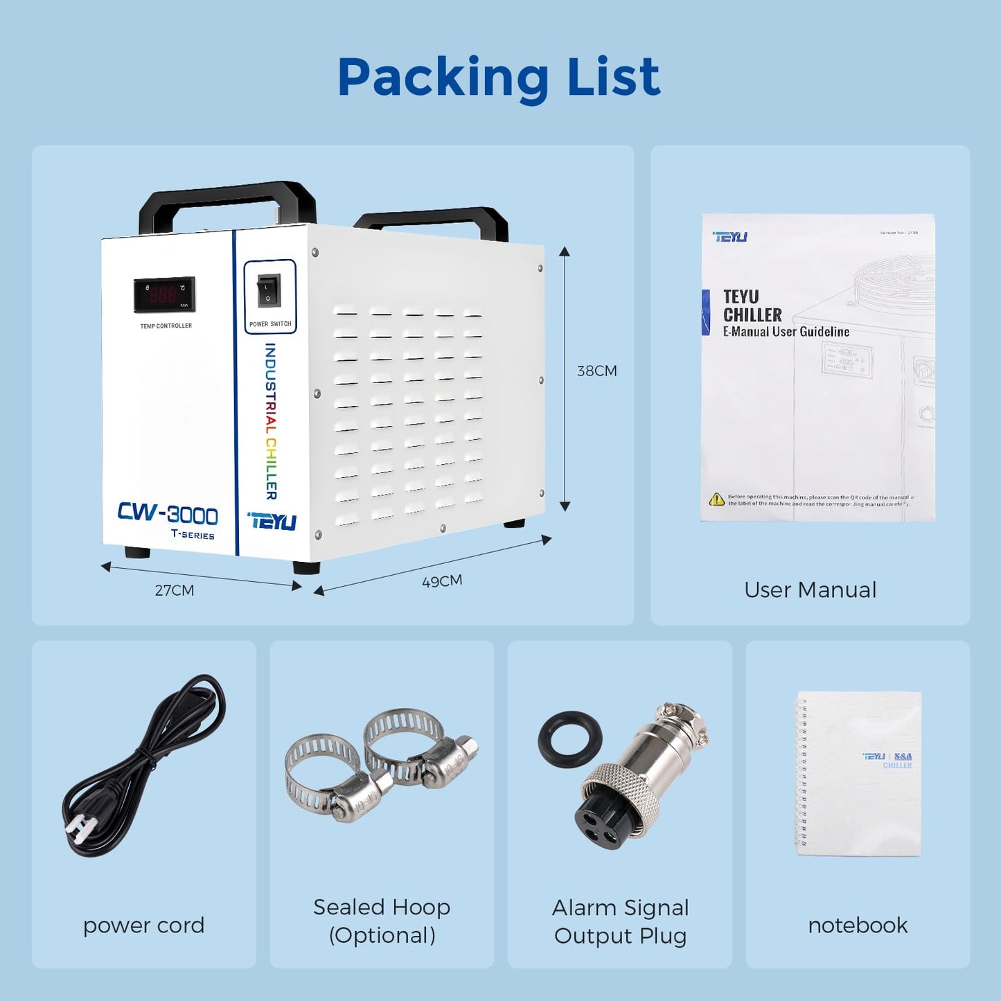 Cloudray Water Chiller CW-3000 for CO2 Laser Engraver & Cutting, Laser Chiller, Industrial Water Cooler,with 9L Water Tank Capacity Max. Pump Flow 10L/min 50W/℃ Cooling