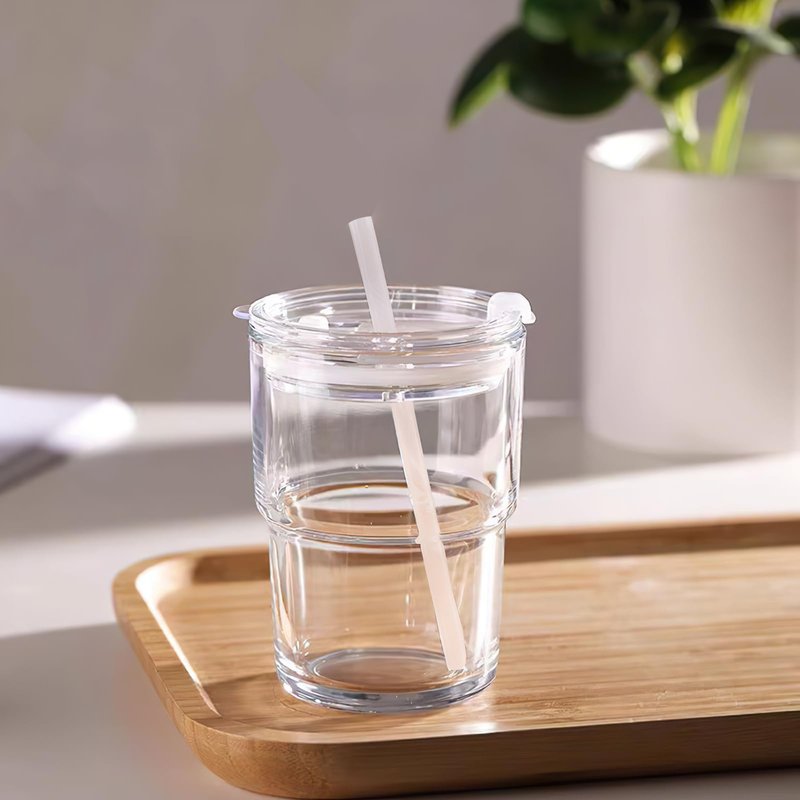 Luxfuel 13 oz Tumbler Water Glass Cups with Straw & Lid, Reusable Iced Coffee, Tea Cups, Leak-Proof Thick Wall Travel Glass Tumbler for Home, Office, Car Cup Holder Friendly, BPA Free (Amber, 2 Pack)