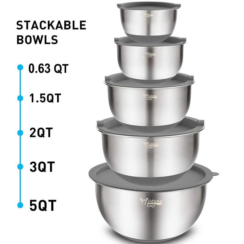 Wildone Mixing Bowls with Airtight Lids Set, 5PCS Stainless Steel Nesting Bowls Set for Kitchen, with Grater Attachments & Non-Slip Bottoms, Size 5, 3, 2, 1.5, 0.63 QT, Great for Baking & Serving