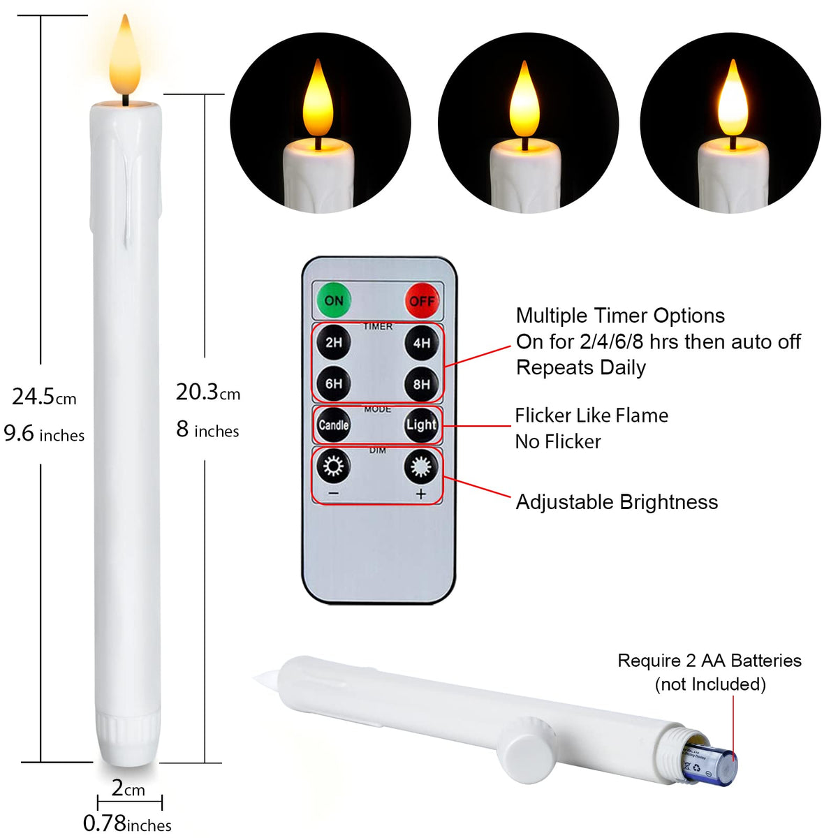 Homemory 12 Pcs Plastic Flameless Taper Candles with Remote Timer Dimmer, White Taper Candles Battery Operated with Flickering Flame Light Lifelike Led Candlesticks for Indoor Decoration 9.6 Inches