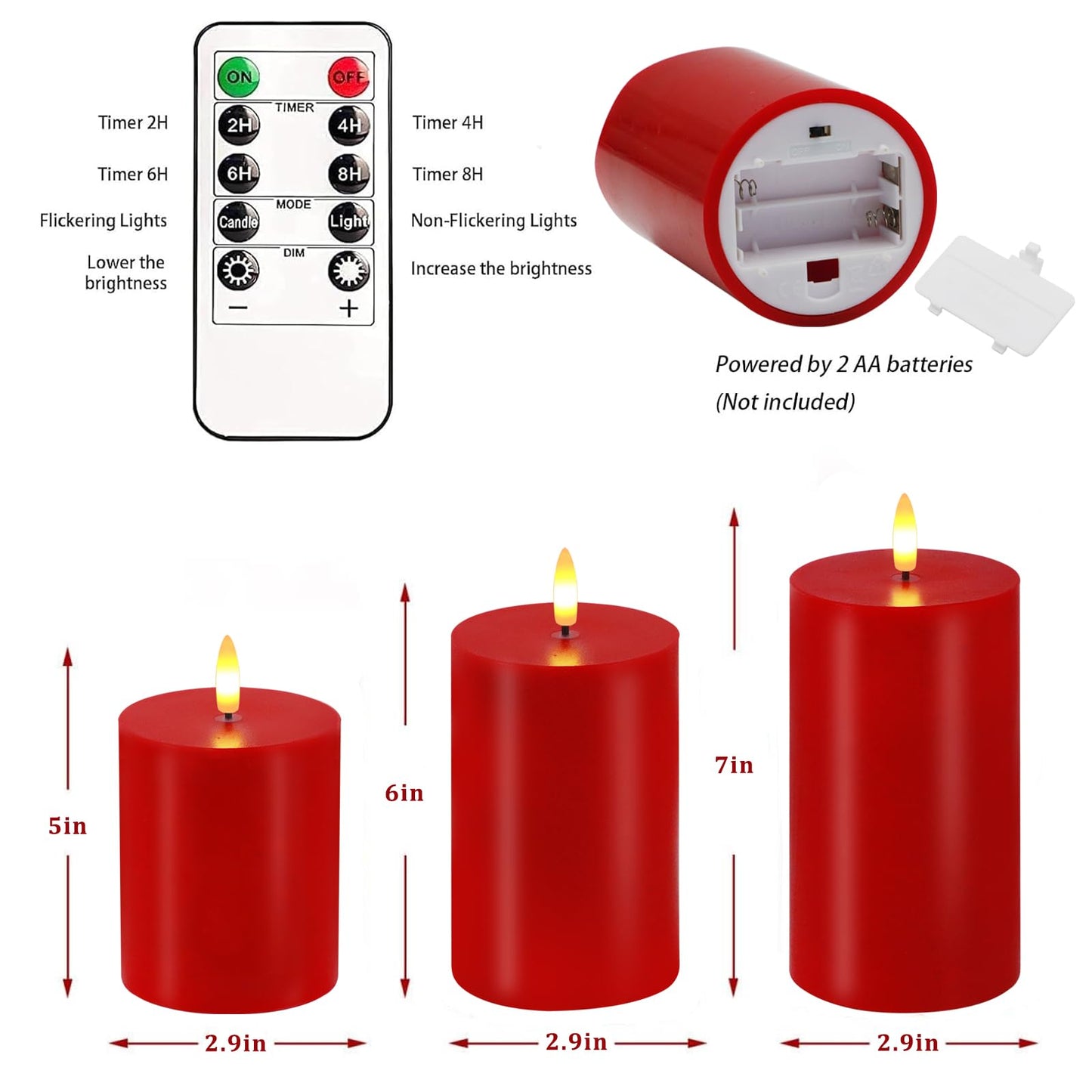 Red Flameless Candles, Set of 3 Flickering LED Candles with Remote & Timer, Dimmable Real Wax Electric Pillar Candles Battery Operated, Christmas Flameless Candles Light for Home Xmas Decor (Red)