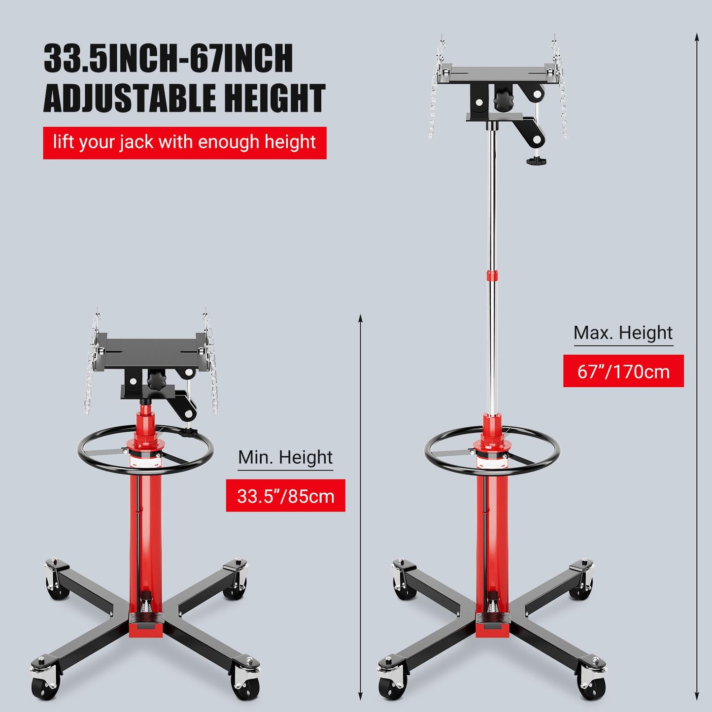 Garvee 1320 Lbs Transmission Jack Hydraulic Telescoping Transmission Jacks 33.5-67 Inch High Lift, 2-Stage Transmission Floor Jack Stand with Foot Pedal, 360° Swivel Wheel