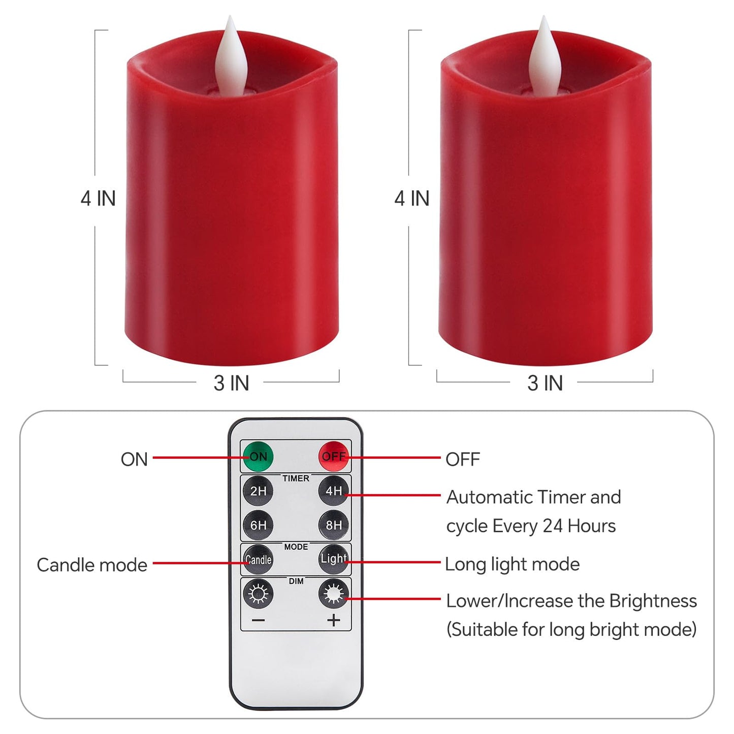 milysoek 3x4 Flickering Flameless Candles Set of 2,Real Wax led Candles Flickering,with Timer,4 inch Flameless Candles with Remote,Battery Operated Candles,for Party Wedding Holiday Home Decor,Red
