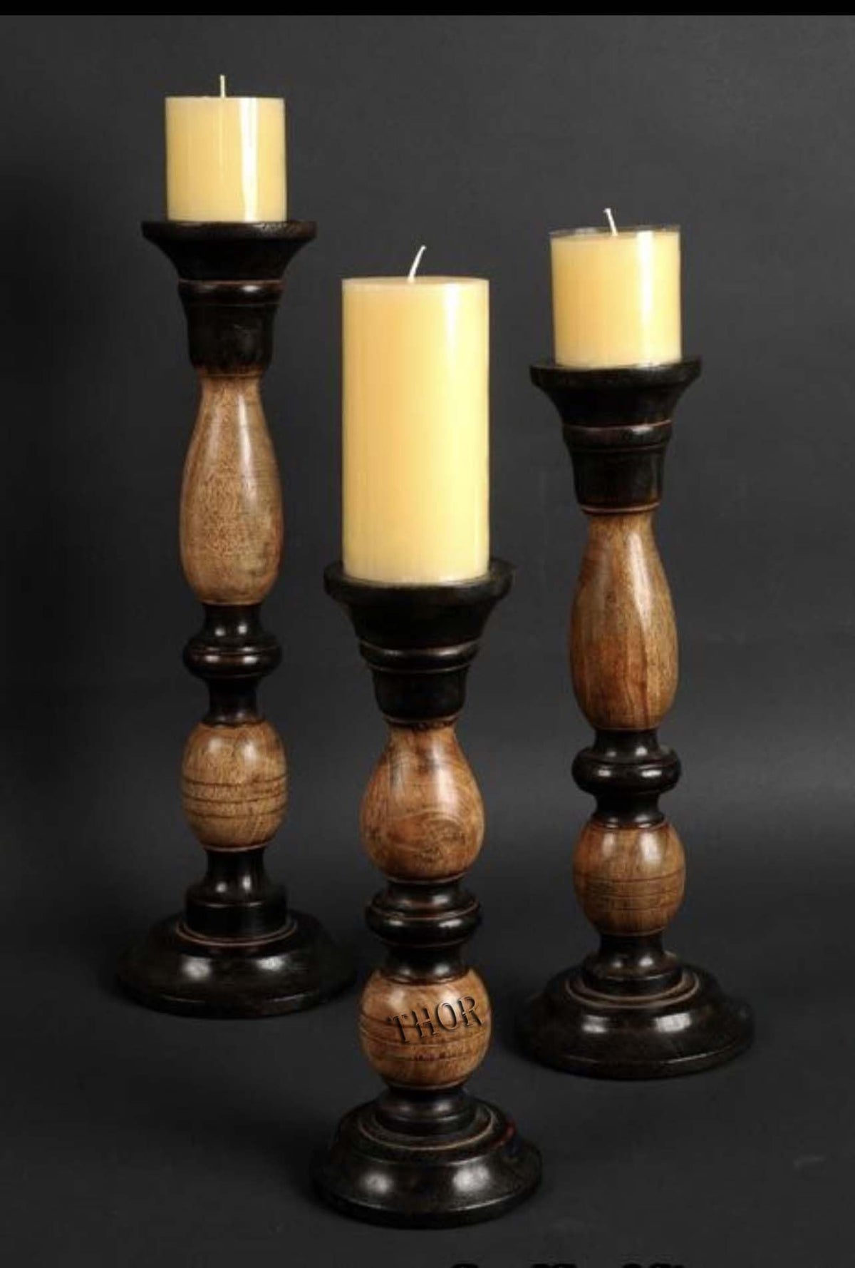 Black Candle Holder Brown Wood Beautiful Tall Farmhouse Set of 3