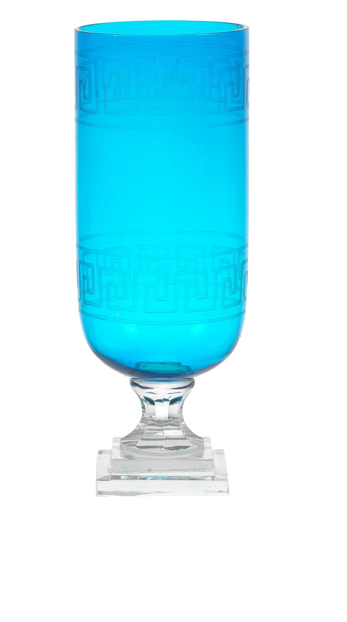 Aqua Greek Key Glass Hurricane Lamp Lantern, Set of 2 Candle Holder Vase