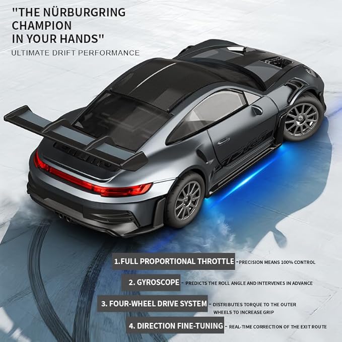 1/43 Scale RC Drift Car 2.4G Full Proportional 4WD Remote Control Car with Gyro Adjustable Speed & LED Lights Alloy RC Vehicle for Adult