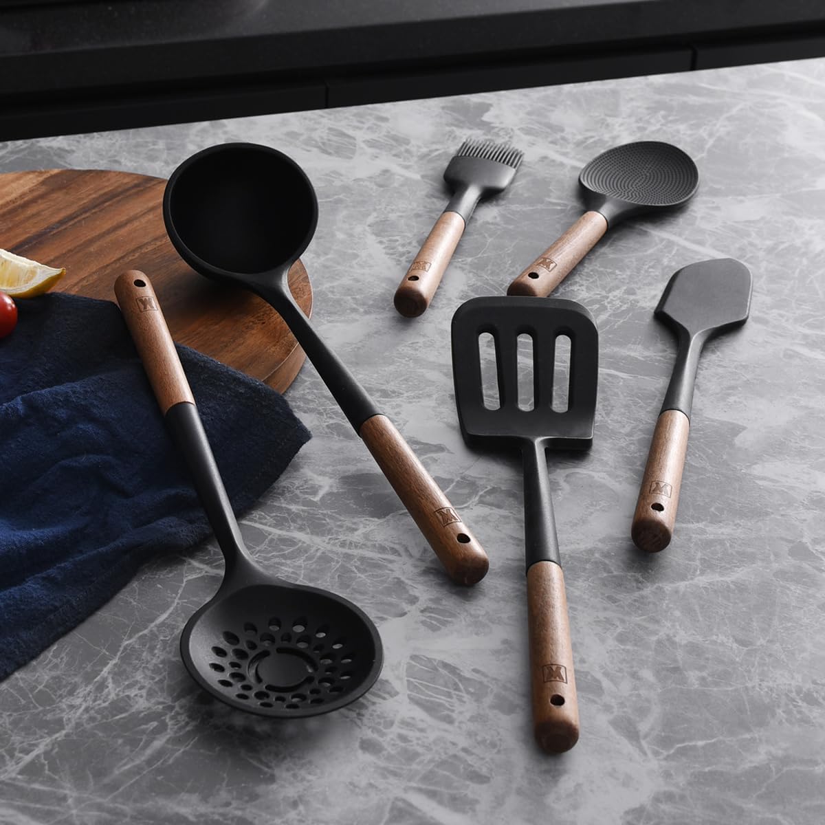 WAGENSTEIGER Set of 2pc Silicone Cooking Utensils: Wooden Handle Ladle + Long Head Serving & Cooking Spoon, Heat Resistant, BPA Free, Scratch-Resistant Surface Design