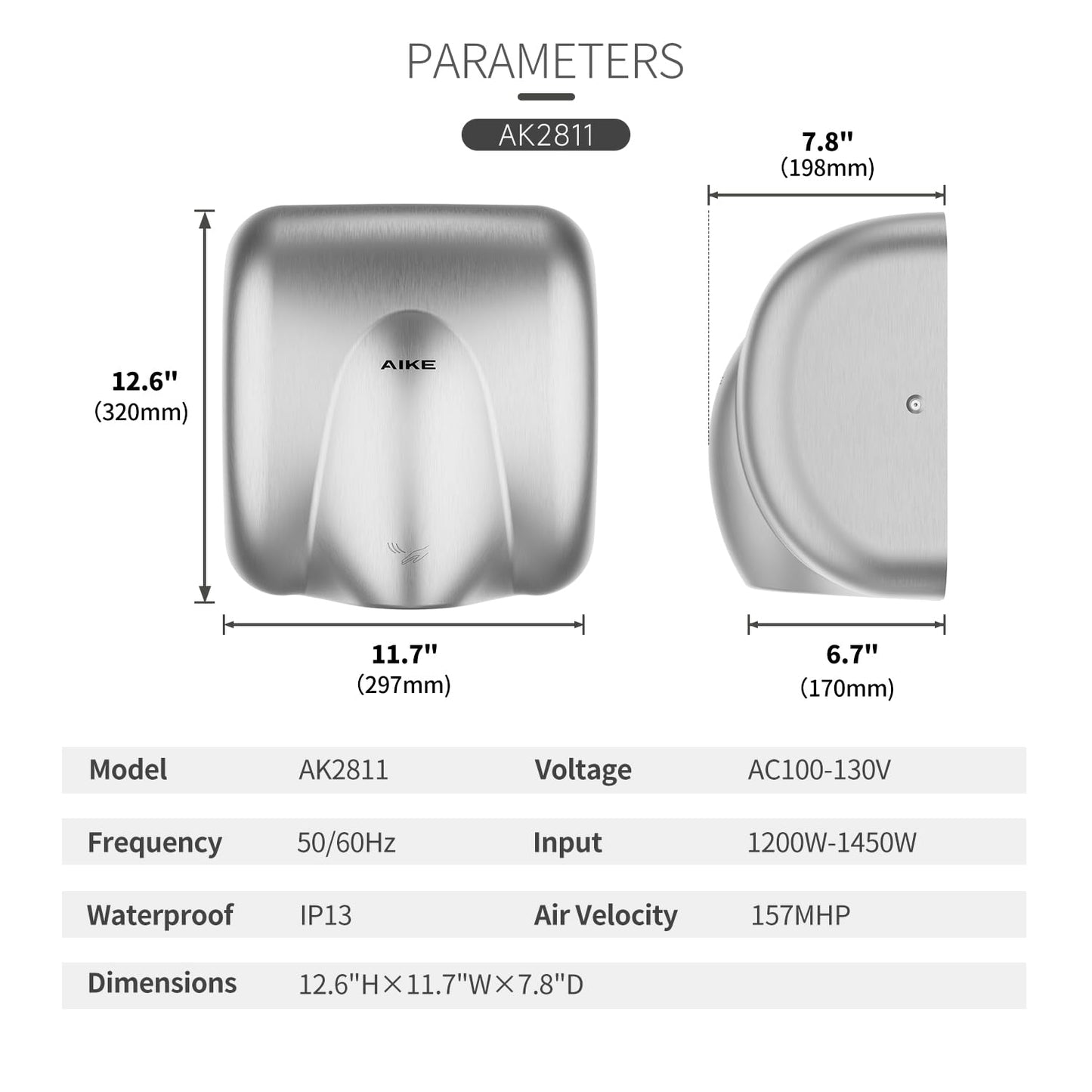 AIKE Heavy Duty Hand Dryer Hard-Wired Friendly 110V High Speed Brushed Stainless Finish Model AK2811