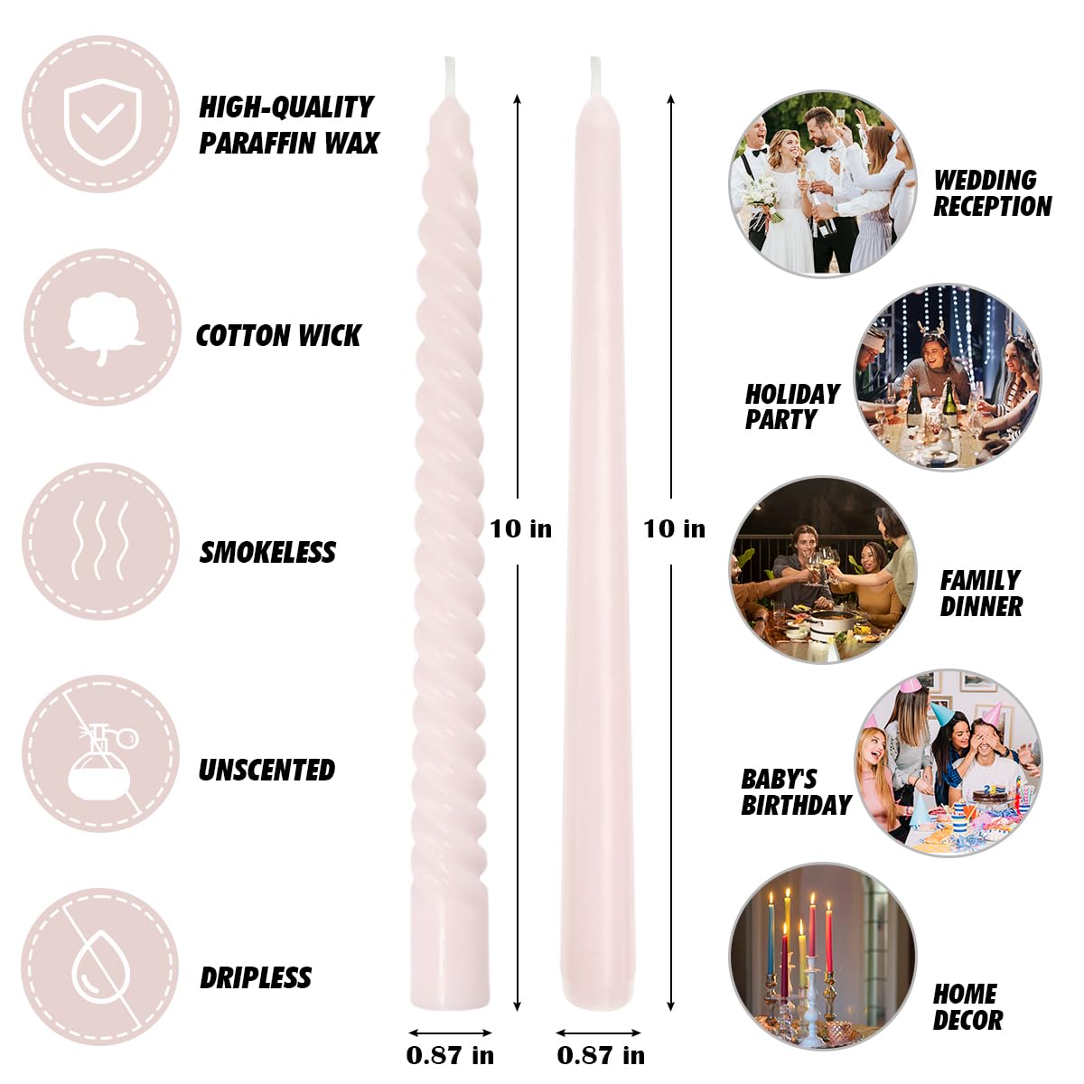 6 Pack Pale-Pink Smooth Taper Candles and 6 Pack Spiral Candles Set – 10 Inch Elegant Dripless Candlesticks for Weddings Dinners Parties and Home Décor
