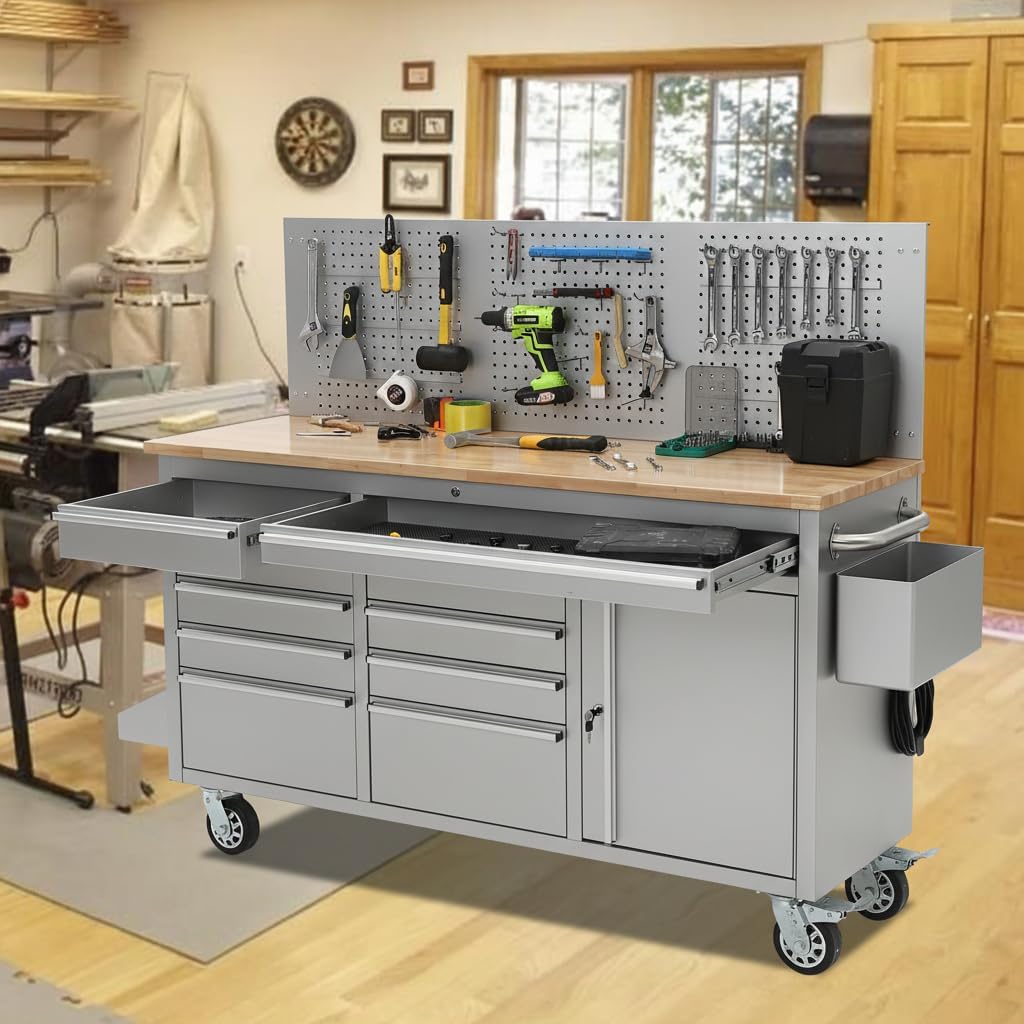 61 Inch Rolling Tool Chest, 10 Drawers Garage Workbench Storage Tool Cabinet with Rubber Wood Top, 1675 LBS, Power Strip, Locking System, Drawer Liners for Garage, Warehouse and Repair Shop, Silver