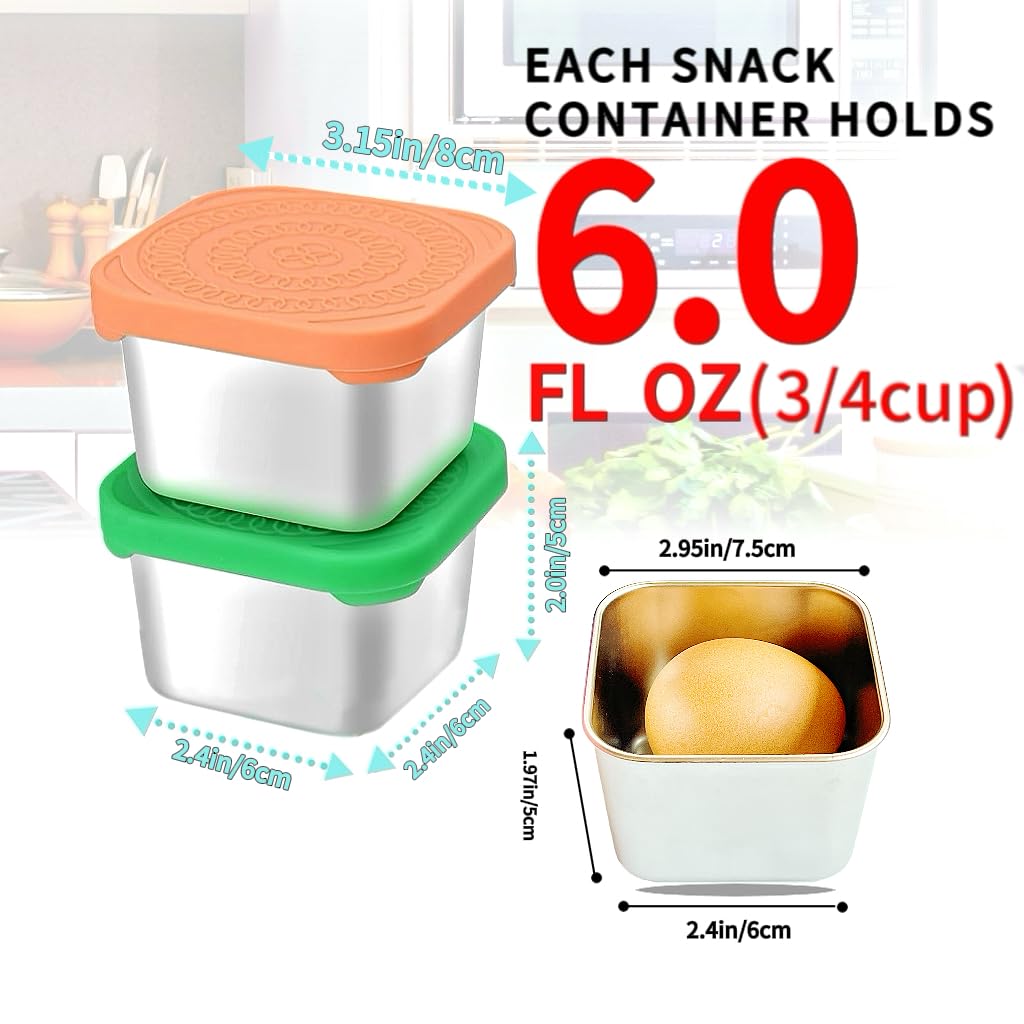 HTEVW 6Pack 6oz Stainless Steel Snack Containers for Kids, Easy Open Leak Proof Metal Toddler Snack Containers with Silicone Lids, Stackable Metal Toddler Lunch Box for Daycare, School and Travel