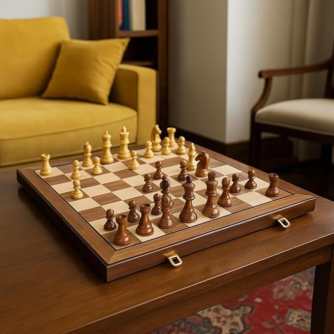 20 Extra Large Folding Chess Set - Walnut Wood Board & Weighted PVC Pieces - Portable Tournament Game for Adults Travel Gifts (Perfect for Beginners & Adults)