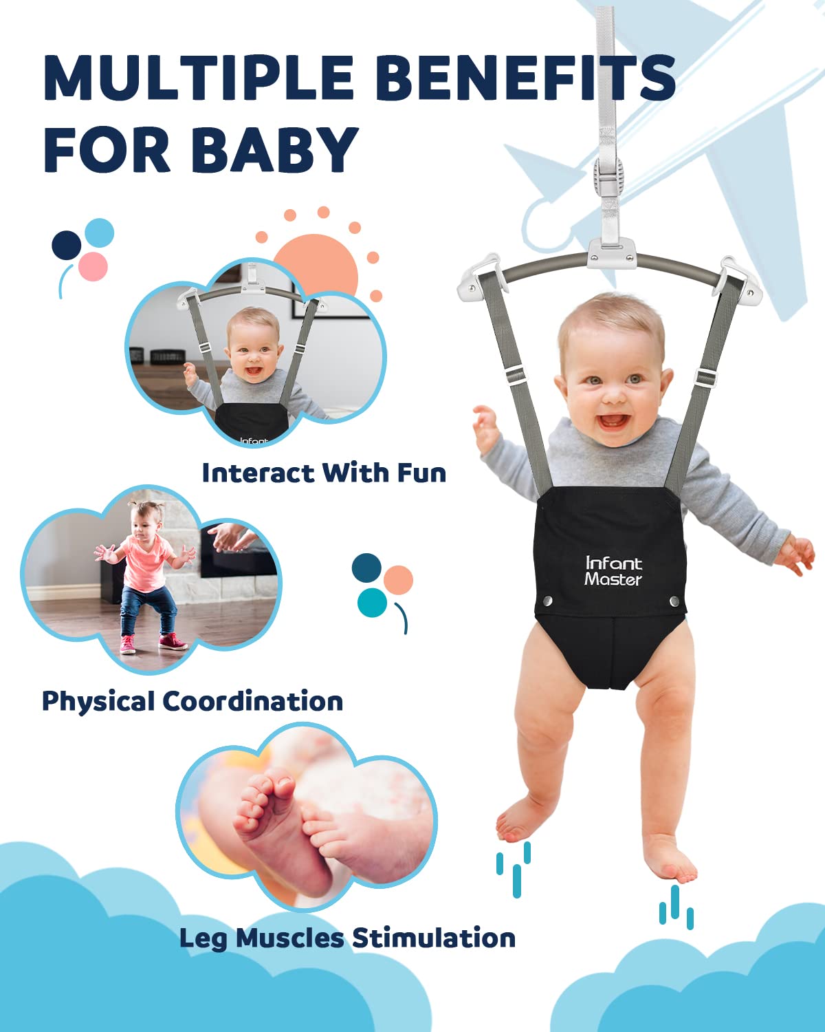 Infant Master Baby Doorway Jumpers, Sturdy Johnny Jumper Adjustable 10.8"-23.6" Strap, Soft Baby Johnny Bouncer w/Seat Bag, Protable Doorway Jumper and Boucer for Baby, Ideal Gift for Infant