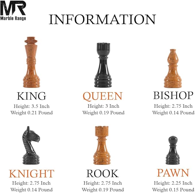 Marble Chess Set for Adults 15 Handmade Black & Golden Board Game with 32 Chess Pieces 2 Extra Queens & Storage Box Luxury Travel Game – Elegant Home Décor