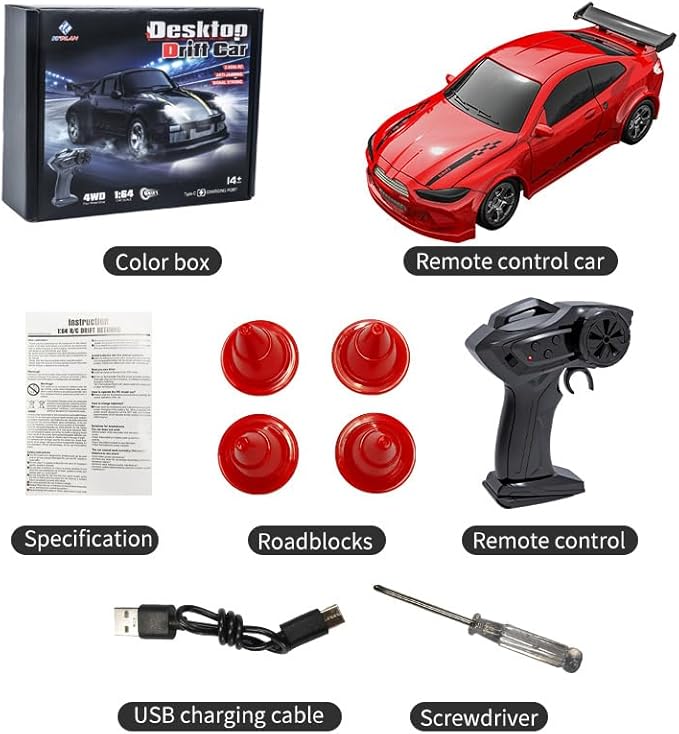KF20 1:64 Scale Mini Drift RC Car with Full Proportional RTR 2.4GHZ Remote Control for Desktop Racing (RED)