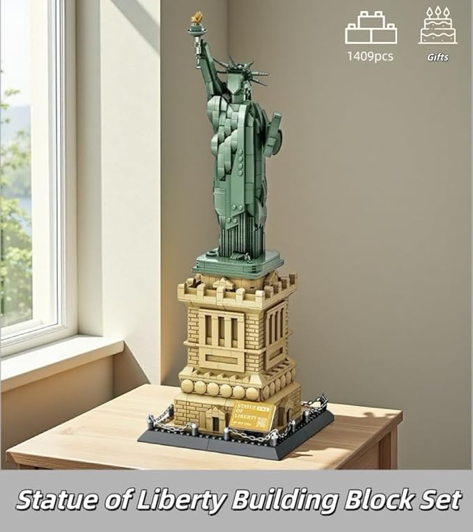 Mantfuty Statue of Liberty Building Blocks Set Famous World Architecture Model New York Landmark Bricks Toy Gifts for Adults(1409 Pieces)
