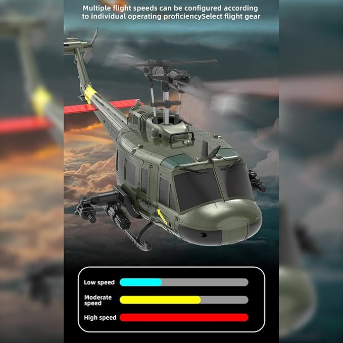 C032 UH-1 Huey RC Helicopter for Adults 1/48 Scale 2.4G 6CH Flybarless Remote Control Military Helicopter 3D Stunt Flight & High-Precision RC Airplane for Beginners (Yellow-Blue(2 Batteries))