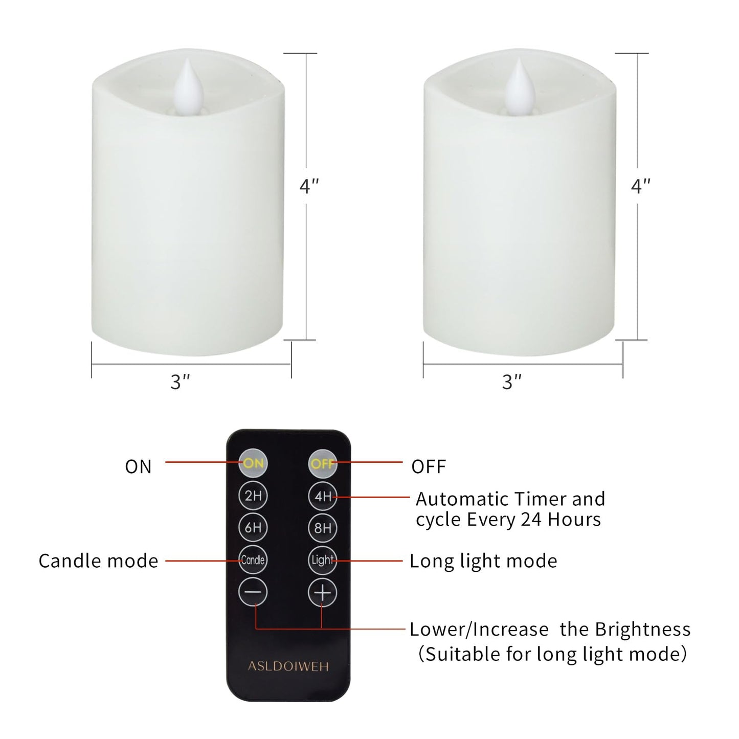 ASLDOIWEH 3x4 Flickering Flameless Candles Set of 2, 2AA Battery Life 600 Hours Battery Candles Flickering with Timer,4 inch Flameless Candles with Remote for Indoor/Outdoor, White