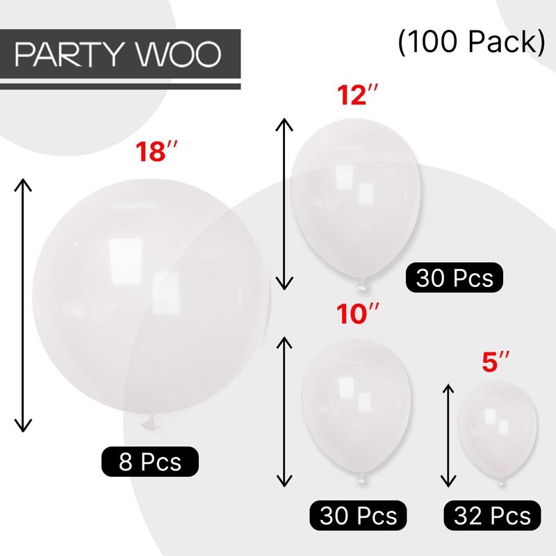 PartyWoo Clear Balloons 100pcs Different Sizes of 18 12 10 5 Inch Transparent Balloon Arch Kit for Graduation Wedding Baby Shower Bridal Shower Anniversary Birthday Party Decorations Clear-Y2