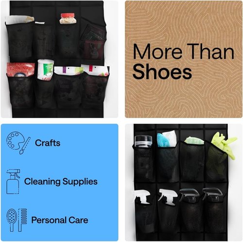 GORILLA GRIP Over The Door Shoe Organizer - 35 Large Breathable Mesh Pockets | Space-Saving Storage, 68.5H x 24.5W, Black