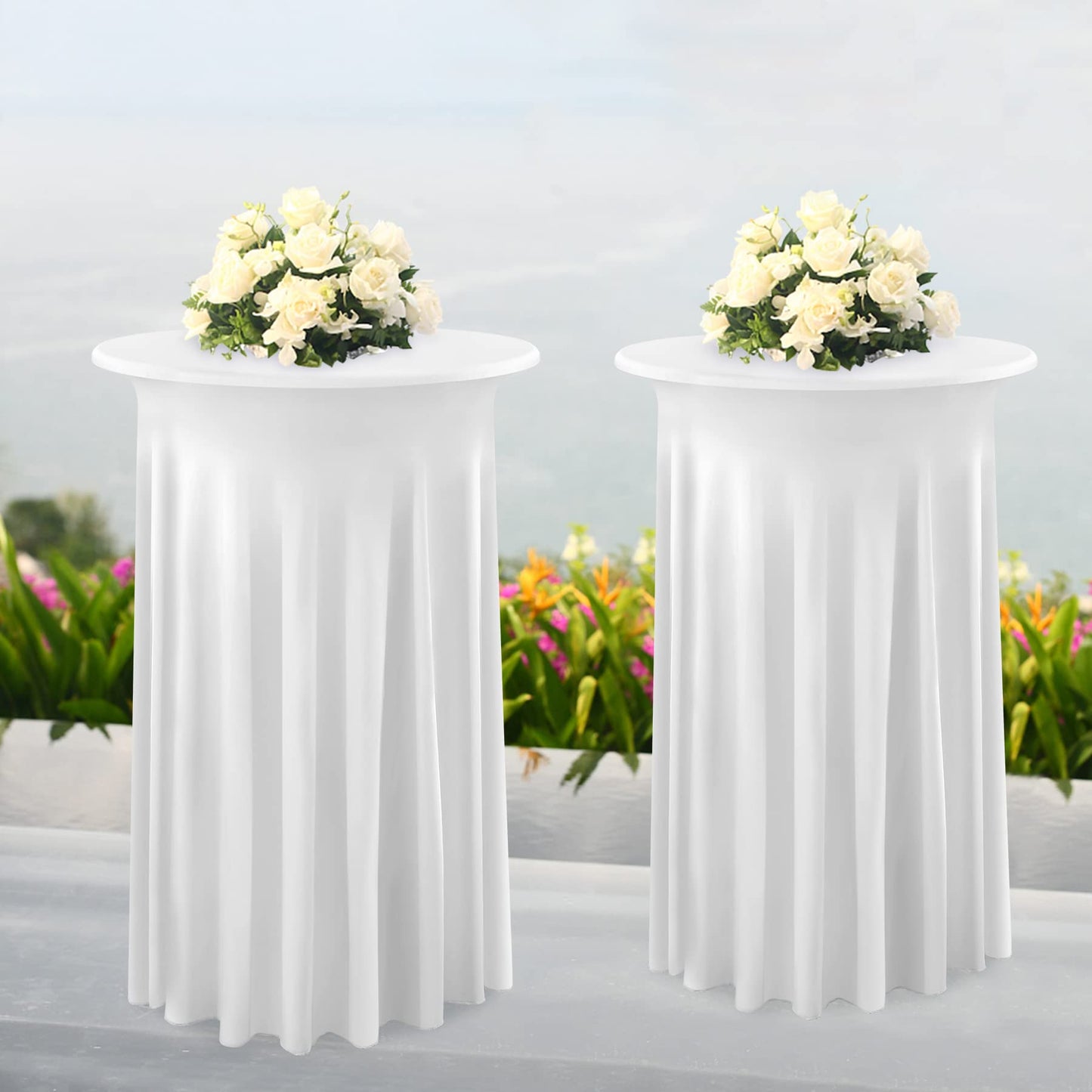 4 Packs White Round High Top Table Cloth 24inch×43inch Stretchy Wrinkle Free Highboy Cocktail Spandex Table Covers for Cocktail Party Wedding Banquet Baby Shower Baptism Decor