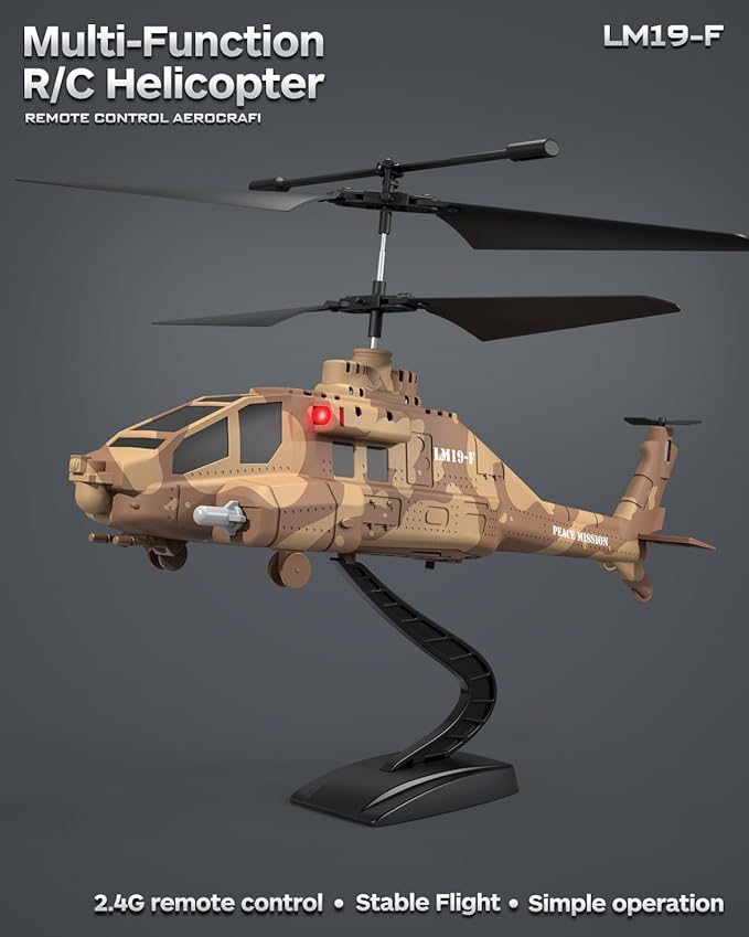 RC Helicopter with Missiles 2.4GHz Remote Control Army Helicopter for Beginners & Adults Military Helicopter LED Lights Altitude Hold One-Key Take Off Gift for Military Fans (Brown)