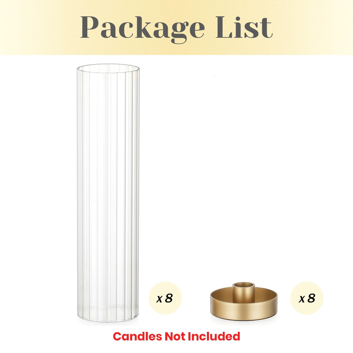 Hewory Hurricane Glass Candle Holders: Set of 8 Gold Candlestick Holders with 11" Tall Clear Cylinder Hurricane Cover, Taper Candle Holder for Wedding Table Centerpiece Party Christmas Home Decor