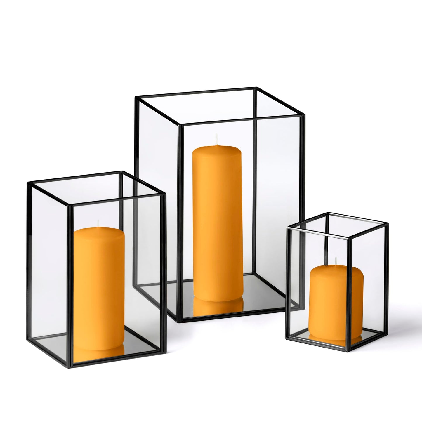 Yummi Set of 36 Slim Pillar Candles & Black Luxus Lanterns - Harvest Gold
