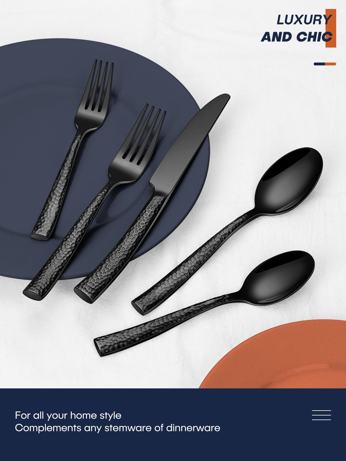 Stapava 40 Pcs Black Hammered Silverware Set, Stainless Steel Flatware Set for 8, Mirror Polished Cutlery Include Forks Spoons and Knives set for Home Hotel, Dishwasher Safe Utensils